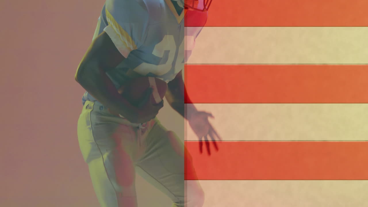 animación de jugador de fútbol americano afroamericano y bandera de ee.uu.