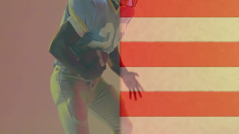 animation of african american american football player and flag of usa