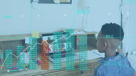 animation of financial data processing over afrcian american boy online learning on laptop