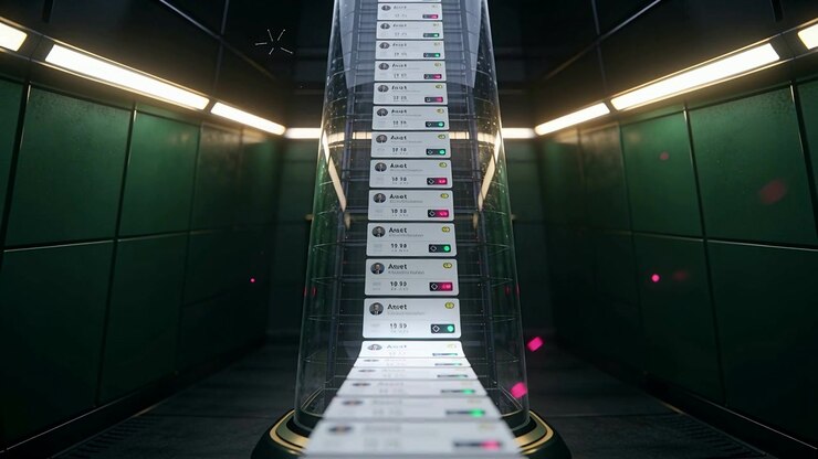 Rising card ribbon on start thru glass tube in green chamber, revealing Asset icons,times for audit