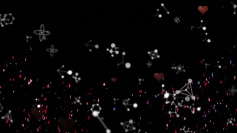 Animación-Digital-De-Confeti-Cayendo-Sobre-Estructuras-Químicas-Contra-Iconos-De-Corazones-Rojos-Cayendo