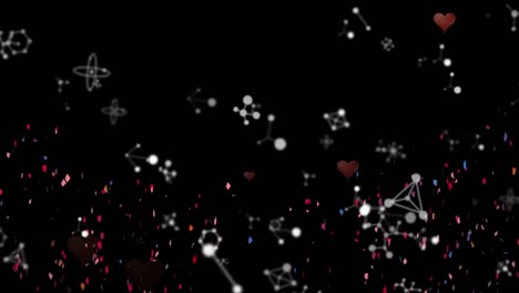 animación digital de confeti cayendo sobre estructuras químicas contra los iconos de corazón rojo cayendo