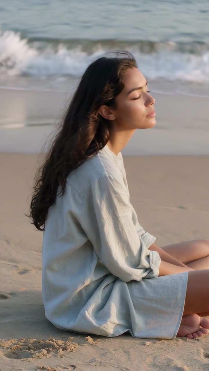 Video vertical: Mujer sentada con mangas largas meditando en la playa con una ola rompiendo detrás