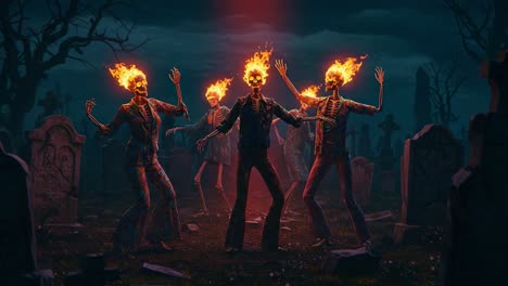 a chilling dance of flaming skeletons in a dark graveyard, illuminated by eerie flames and haunting shadows under a moonlit sky