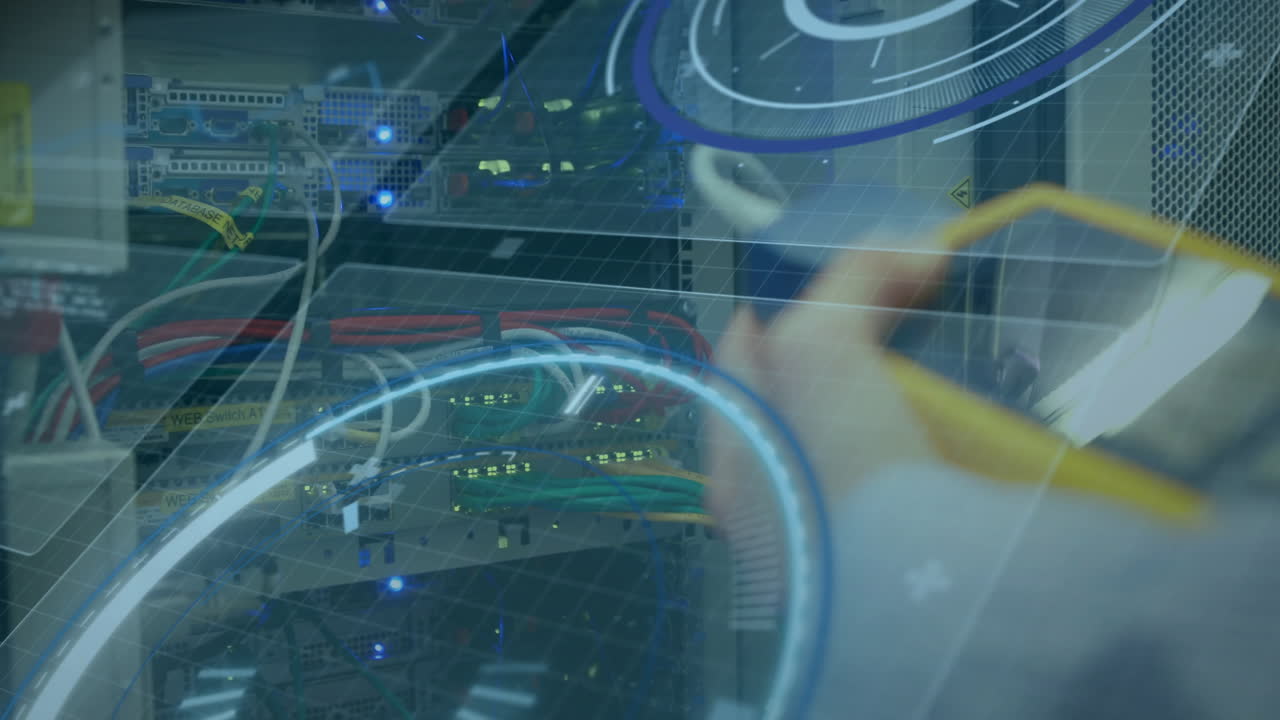 Connecting cables in server room, data processing animation over tech equipment