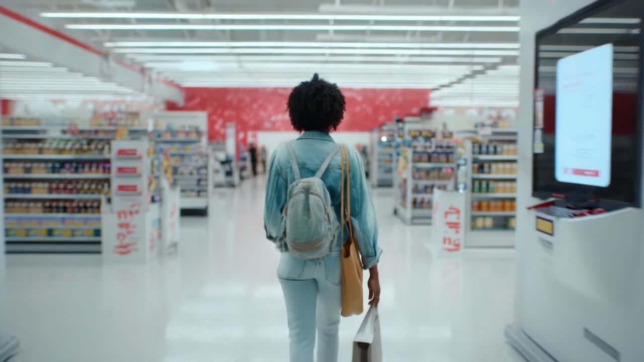 A young woman with an afro hairstyle and a backpack walks through a brightly lit store aisle, surrounded by colorful shelves filled with various products and digital displays