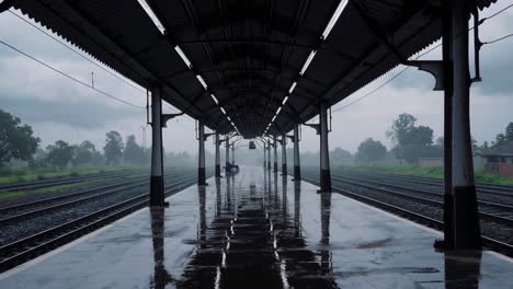 empty rain-soaked train station platform