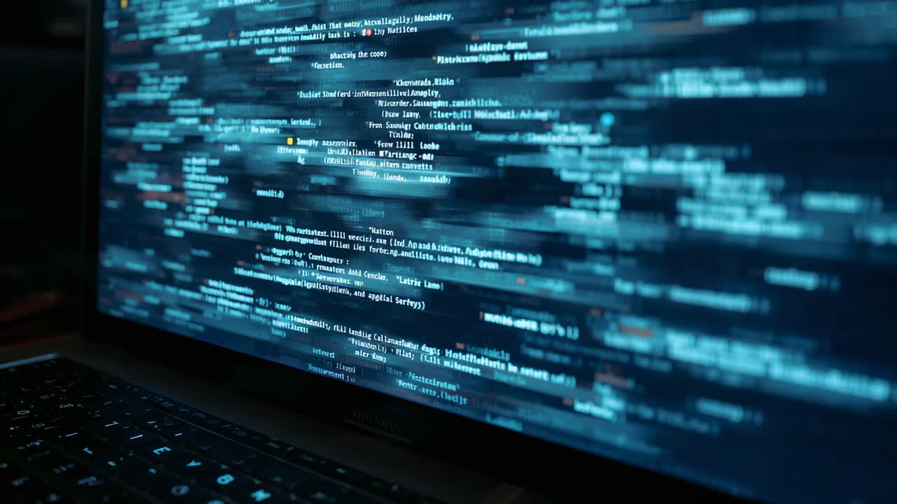 Displaying laptop screen showing cyan code on dim desk, stripe effect sweeping, forming face motif