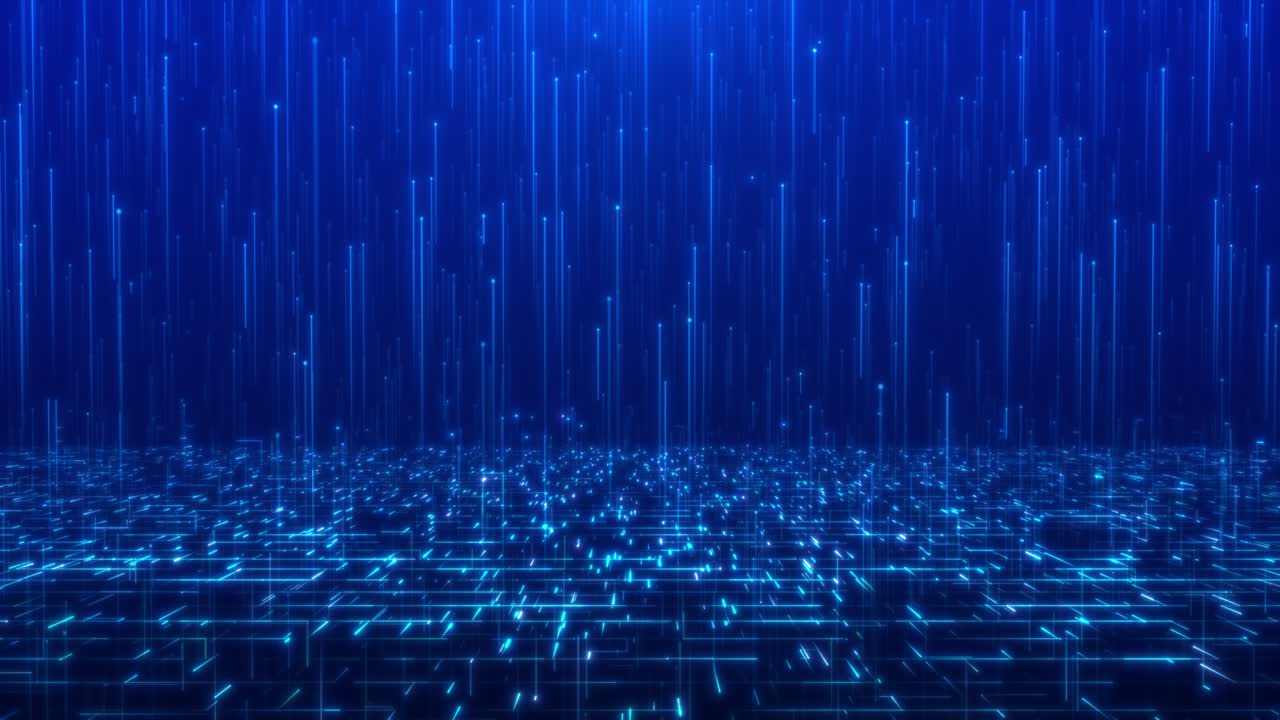 Rising Blue Digital Lines from Data Grid Floor, High Speed Fiber Optic and Cloud Upload Technology Background