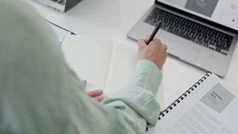 escritura, planificación y manos de una persona de negocios
