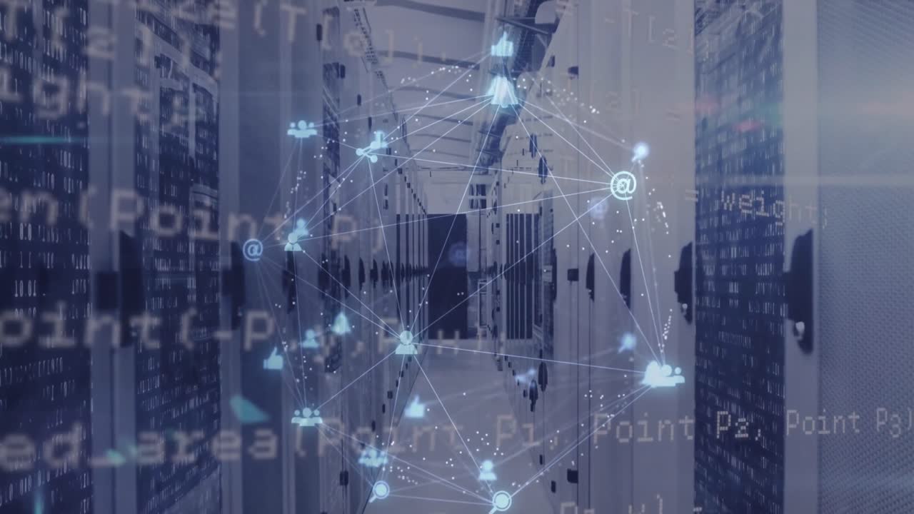 Animation of globe made of network of connections and data processing over server room