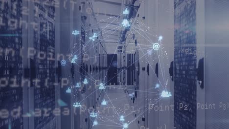 animation of globe made of network of connections and data processing over server room