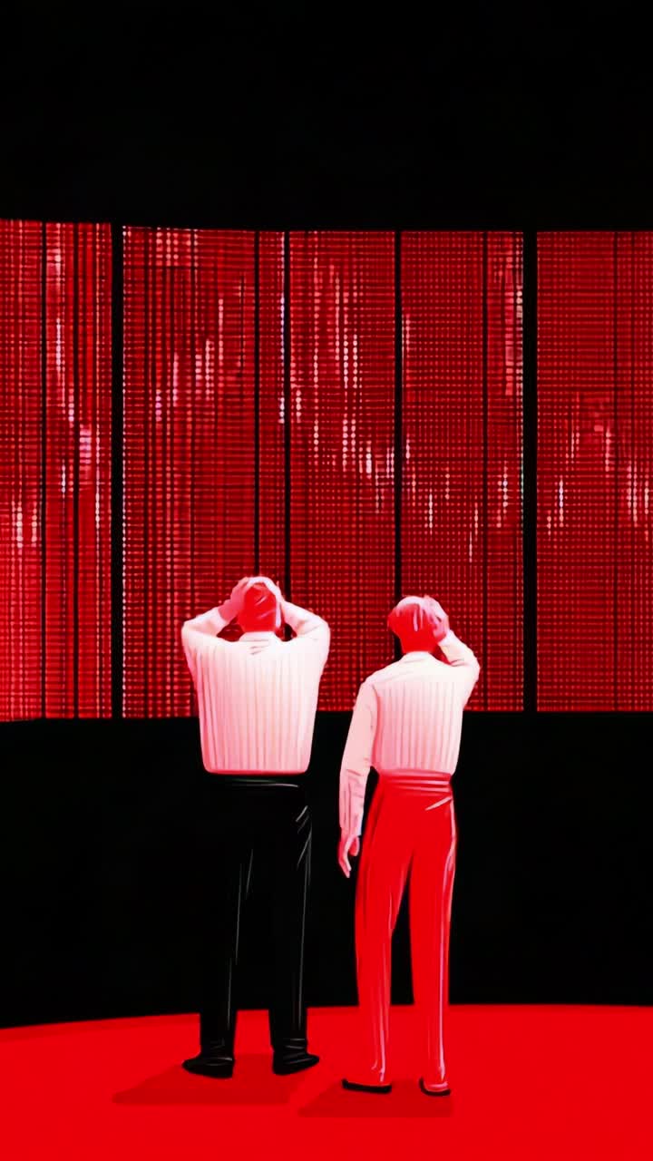 Two individuals stand in a stylized, digital landscape illuminated by a vibrant red screen displaying fluctuating data, conveying an atmosphere of tension and uncertainty
