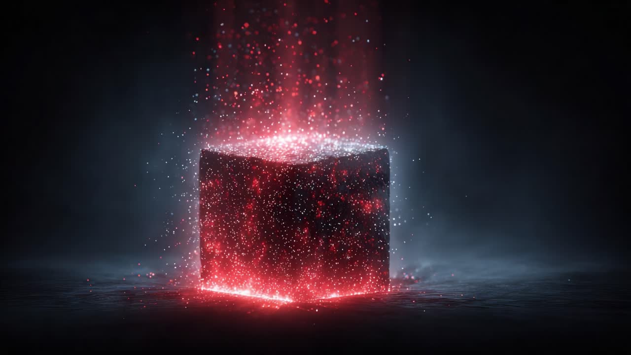 A Mesmerizing Cube of Light: Captivating Visuals of a Radiant Cube Emitting Glittering Particles in a Mysterious Atmospheric Background