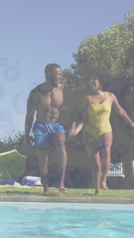 animation of bubbles over smiling african american friends at pool party