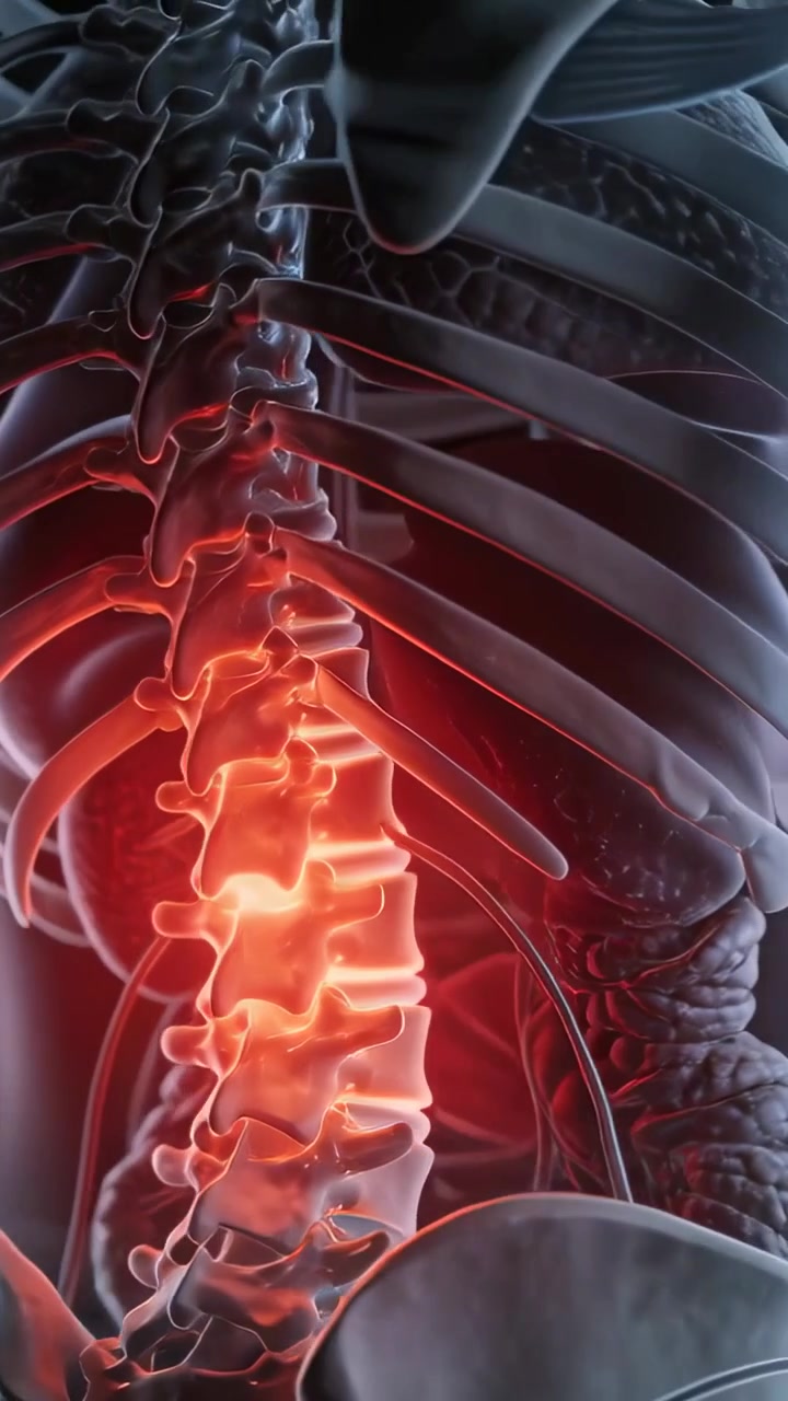 Vertikal video: Kameraet panorerer og afslører en rygsøjle, der pulserer rødt i en 3D-torso, viser patologi og ribben.