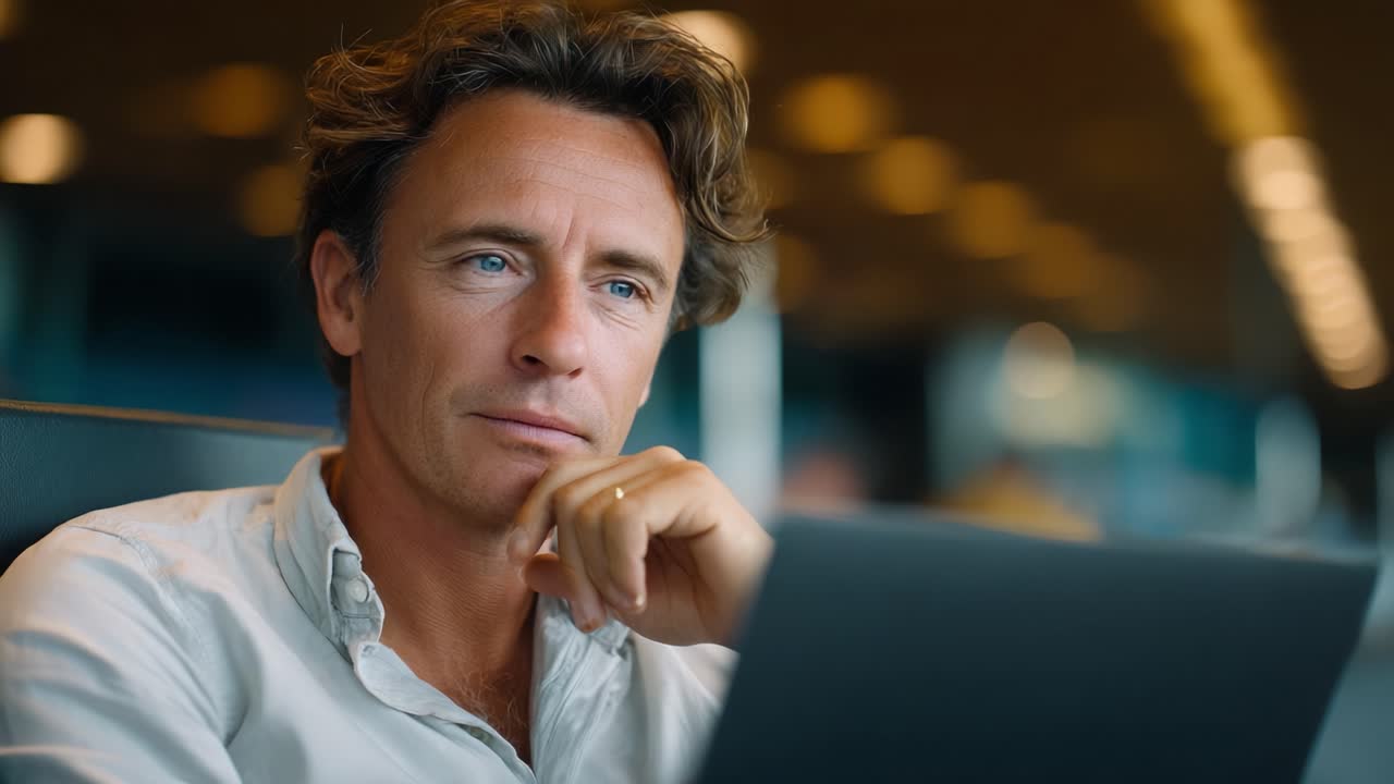 Thoughtful Man Working at Laptop in Modern Setting, Engaged in Deep Concentration with Contemplative Expression on His Face Reflecting Intelligent Insight