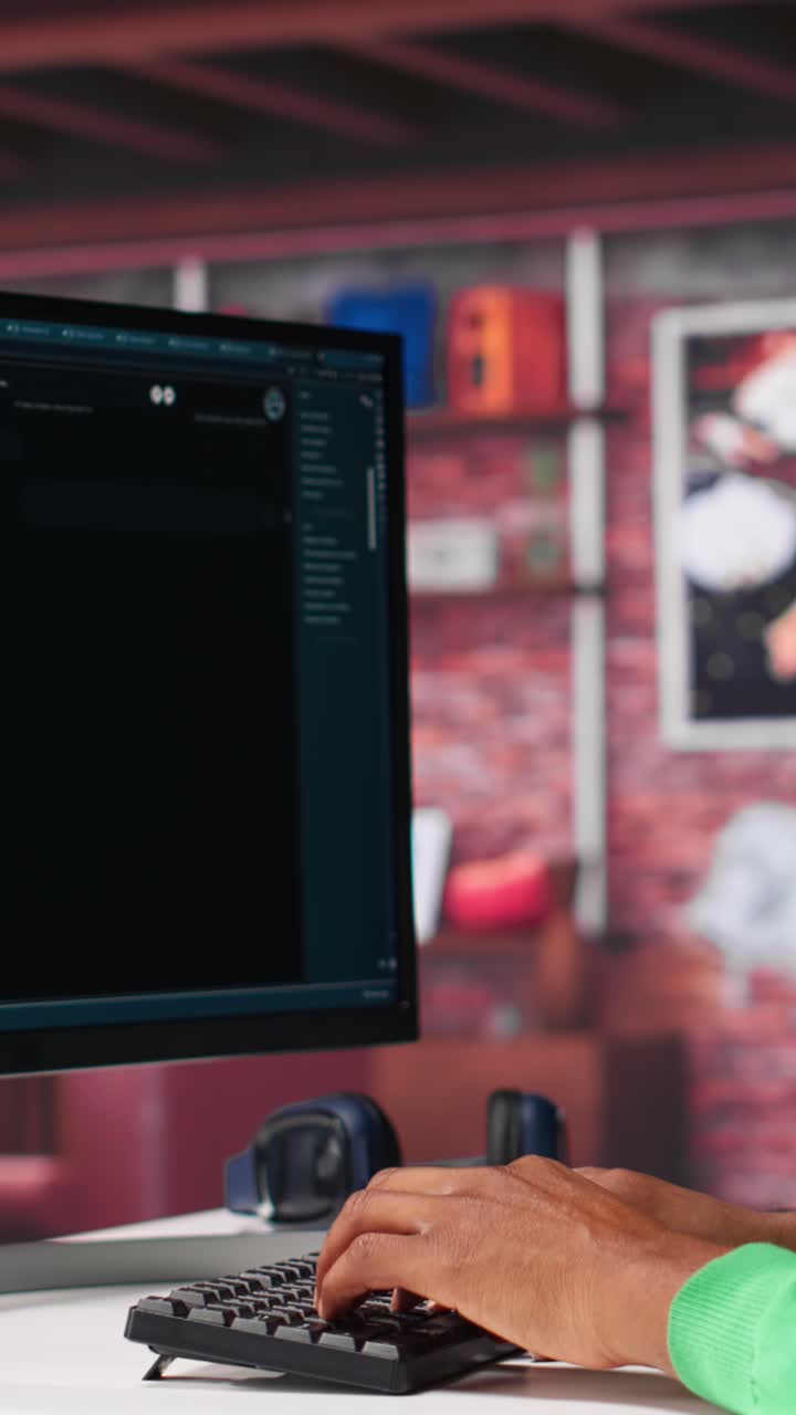 Vertical Video African american guy uses artificial intelligence chatbot trained