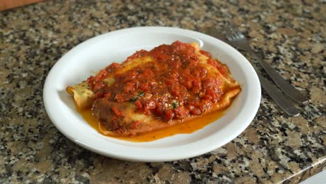 meat-filled cannelloni with italian tomato sauce on a plate. high angle shot
