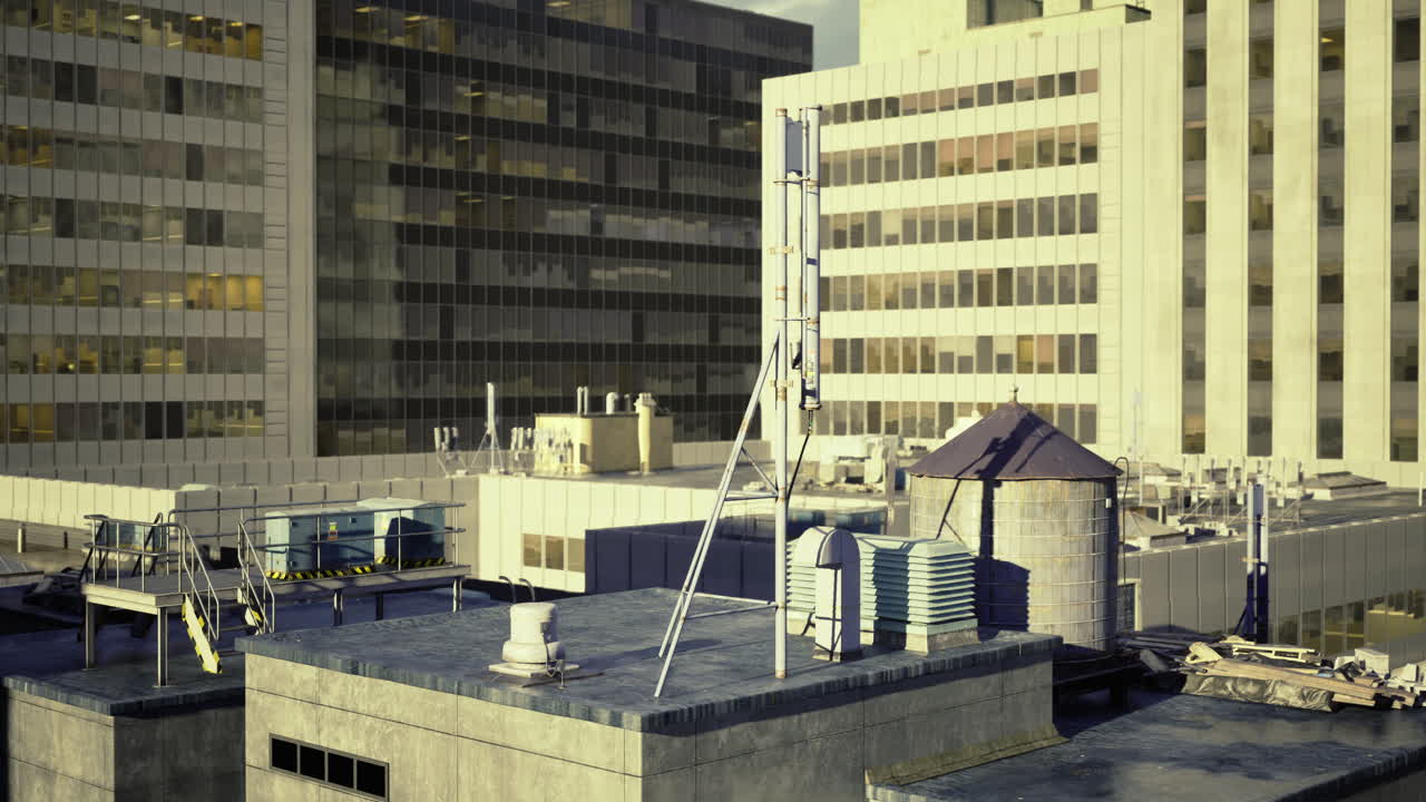 City rooftops showcasing urban infrastructure and architecture at sunset
