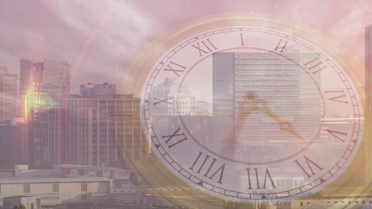 Translucent clock face brass hands rotating clockwise as moon drifting, glow rising, showing time