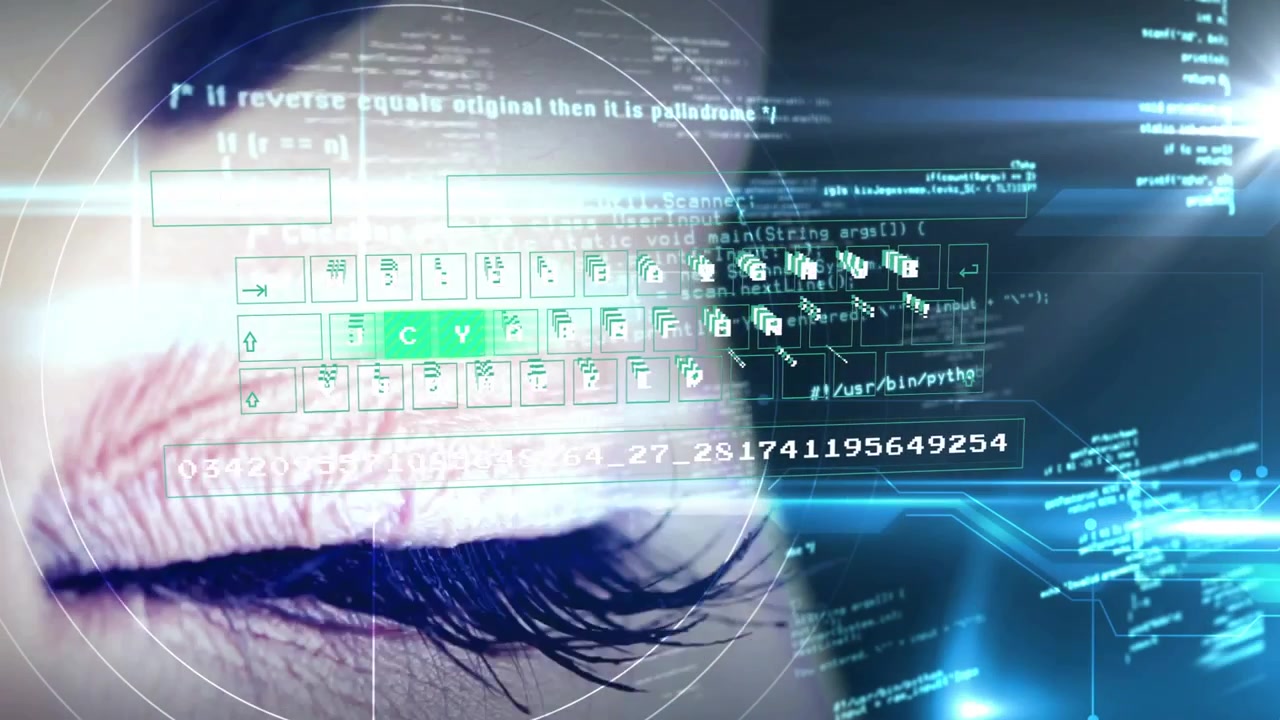 Systemet initierar biometrisk skanning, kvinnans högra öga visar ett HUD-riktmedel, strömmande kod för identifiering
