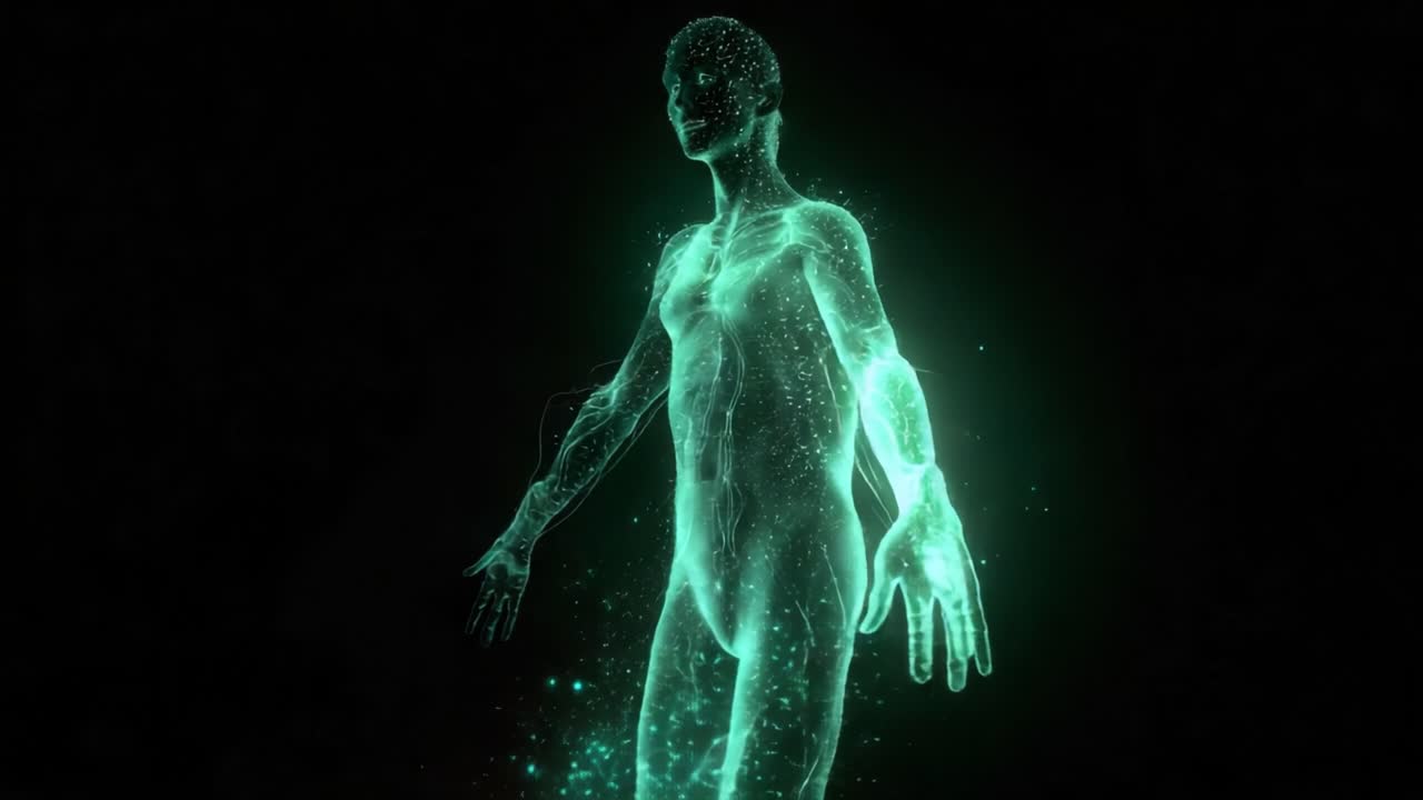 A mesmerizing exploration of the digital human form, depicted through ethereal green light and intricate particle effects. This artistic representation captures both movement and fluidity in a captivating display of digital creativity