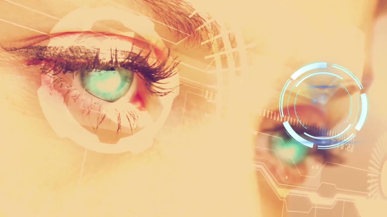 Animation of digital interface and clock over woman's eyes