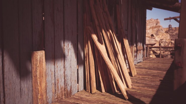 A pile of wooden planks leaning against a weathered wooden shed