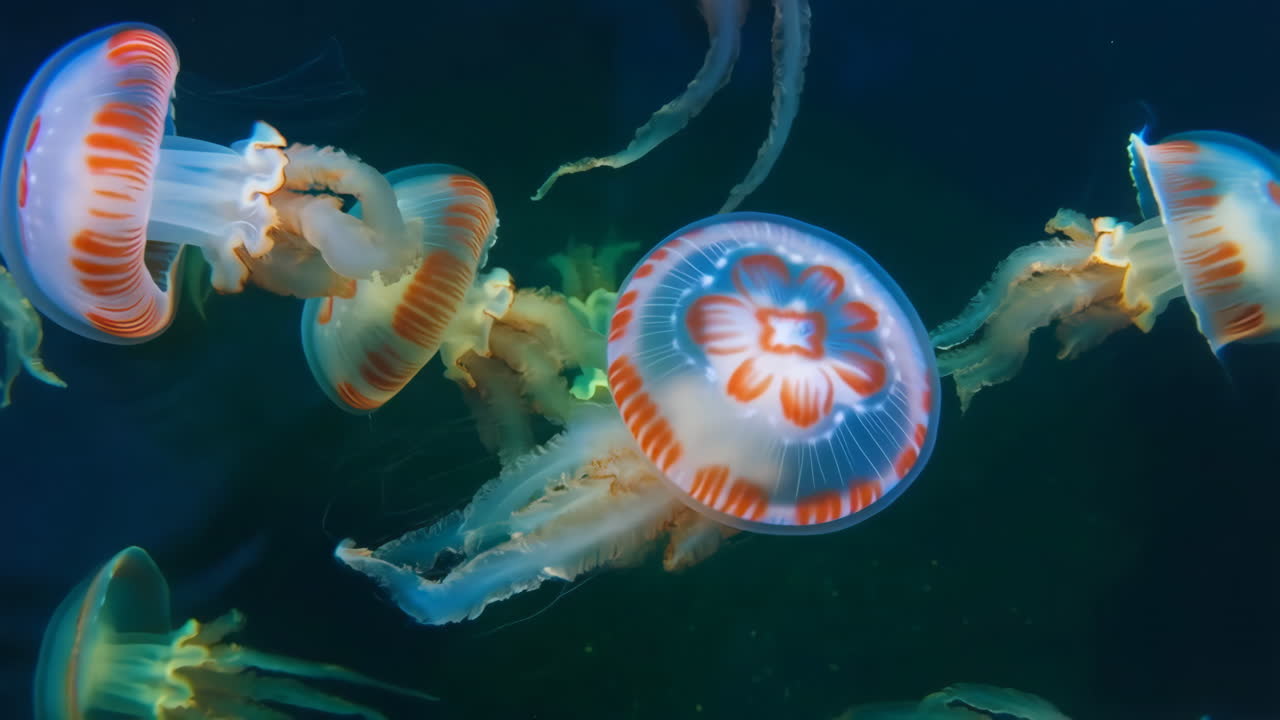 Vibrant Jellyfish Swimming in Dark Water