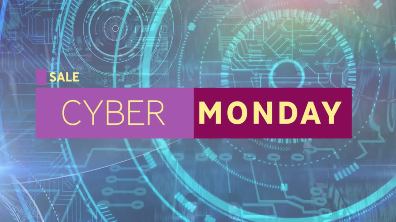 animación del texto de venta de cyber monday sobre la placa de circuitos de la computadora