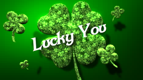 animation closeup lucky you text and motion big green shamrocks on saint patrick day shiny background