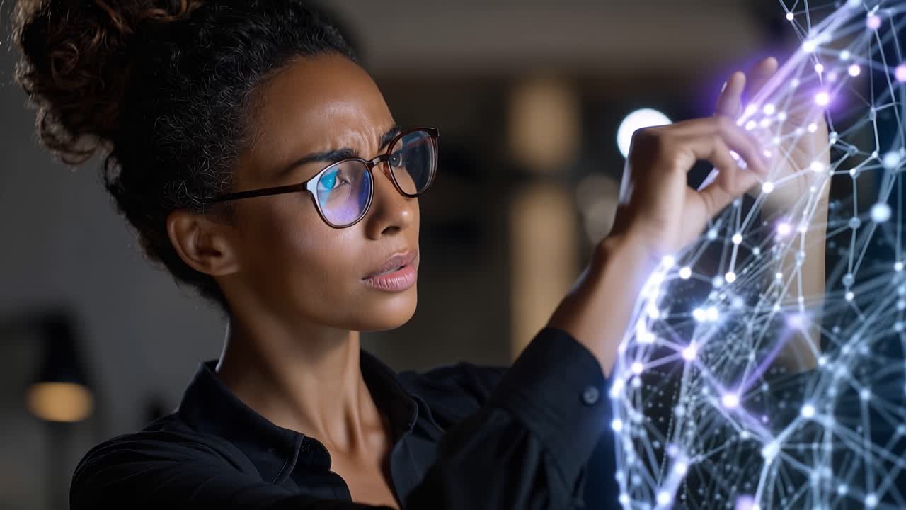 Kvinne med briller interagerer med et glødende digitalt grensesnitt. Hun fokuserer intenst på en futuristisk berøringsskjerm. Hånden hennes svever nær pulserende virtuelle datastrømmer