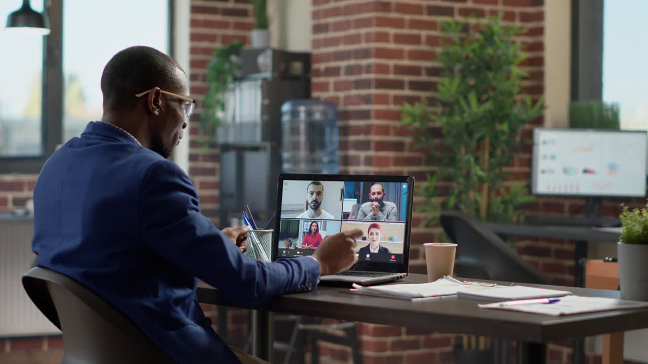 Multiethnic group of people talking on remote video call