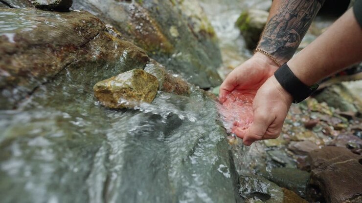 Person drinking water from a mountain stream