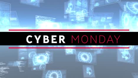 Animación-Digital-Del-Banner-De-Texto-Del-Cyber-Monday-Contra-Múltiples-Escáneres-Redondos-Y-Procesamiento-De-Datos