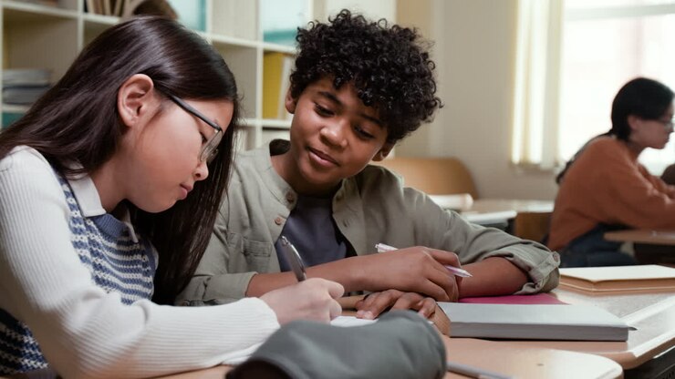 Diverse students collaborating and studying together in a classroom