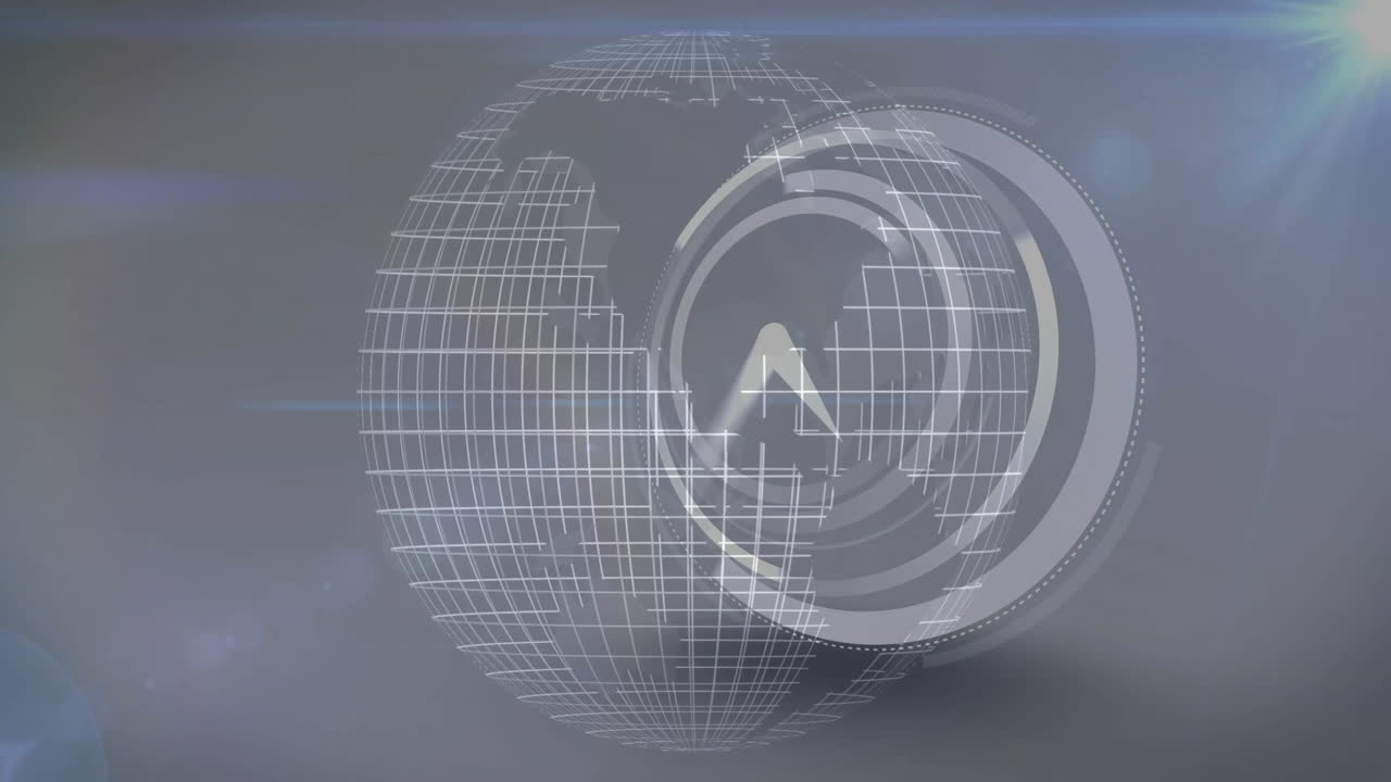 Digital animation of rotating globe with grid lines and circular interface elements