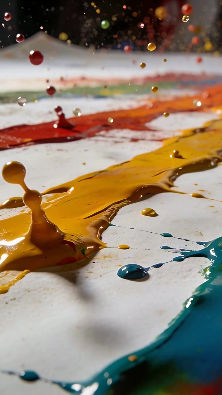 Video vertical: Pulsos que causan una banda de pintura espesa formando chorros y gotas sobre una mesa de estudio salpicando