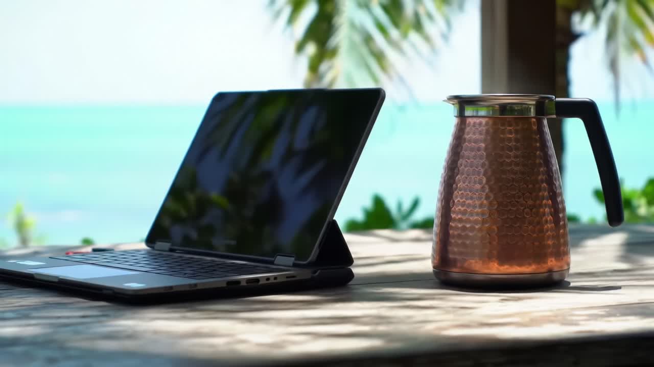 A Serene Workspace by the Sea: Laptop and Coffee Pot Capturing a Perfect Blend of Productivity and Relaxation in a Tropical Setting