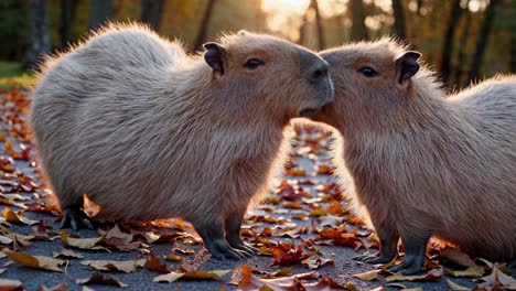 two capybaras in autumn forest