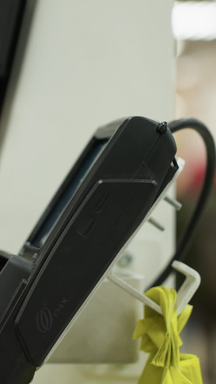 persona interactuando con una interfaz de pantalla táctil en una máquina, haciendo un pago. mostrando una tarjeta de crédito que se está utilizando y personas borrosas en el fondo