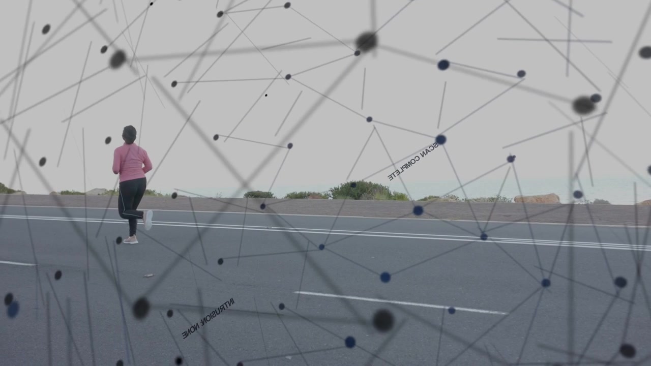 Woman jogging on road with frames moving, node network appearing, obscuring runner, showing fitness