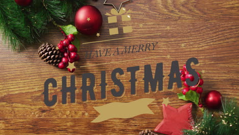 animación del texto de feliz navidad sobre las decoraciones navideñas