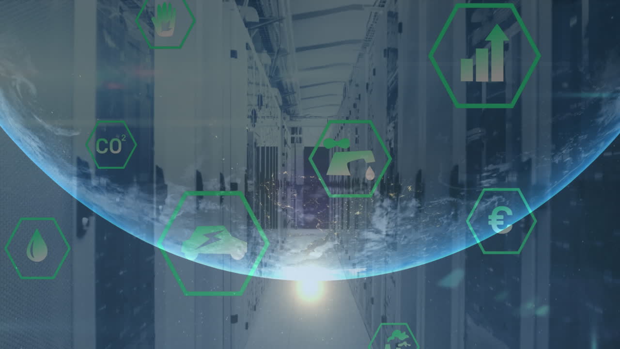 Animation of sustainable resource icons in hexagons and globe over server room
