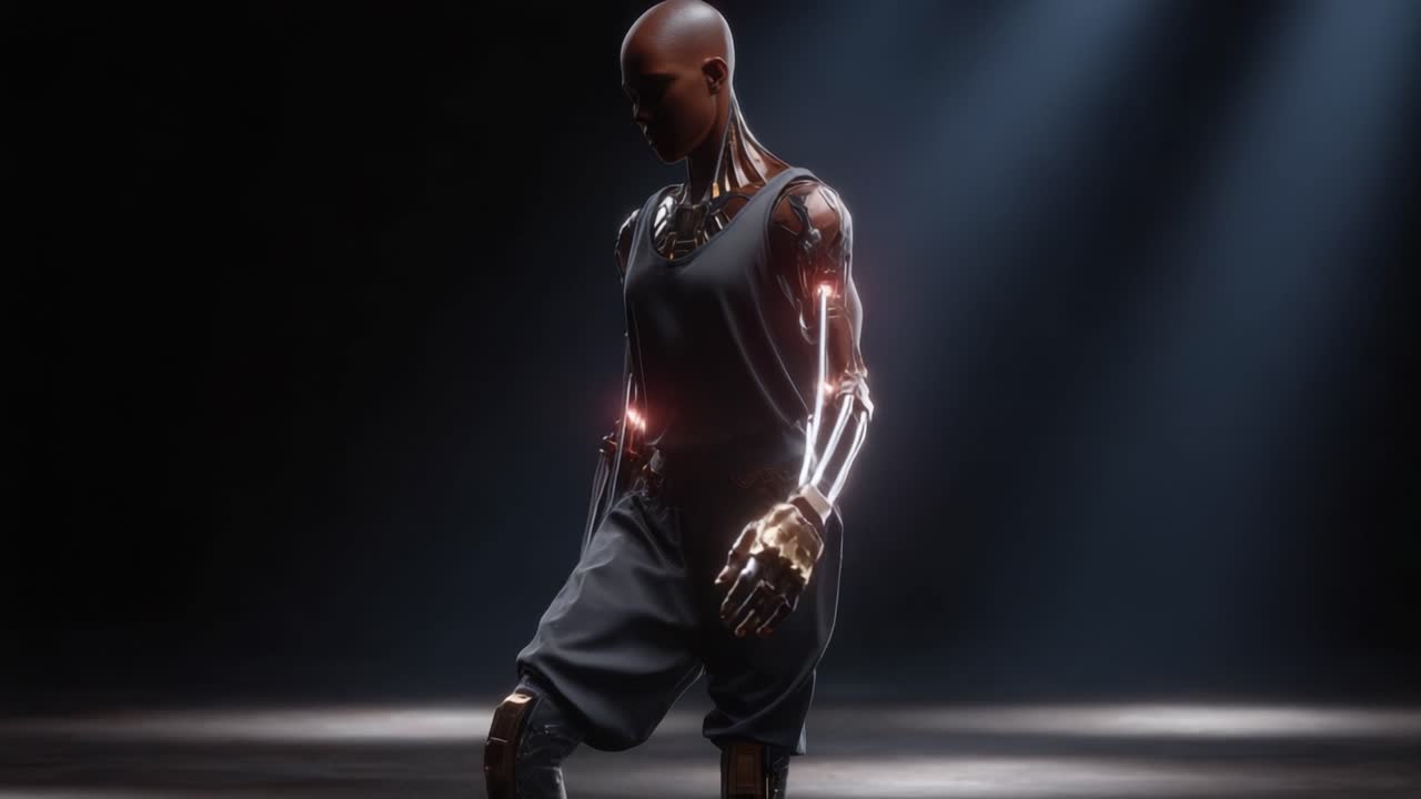 Figura Robotica Futuristica in Movimento Catturata in Illuminazione Dinamica, Mettendo in Mostra la Fusione tra Umano e Macchina con Impianti Luminosi ed Elementi di Design Eleganti