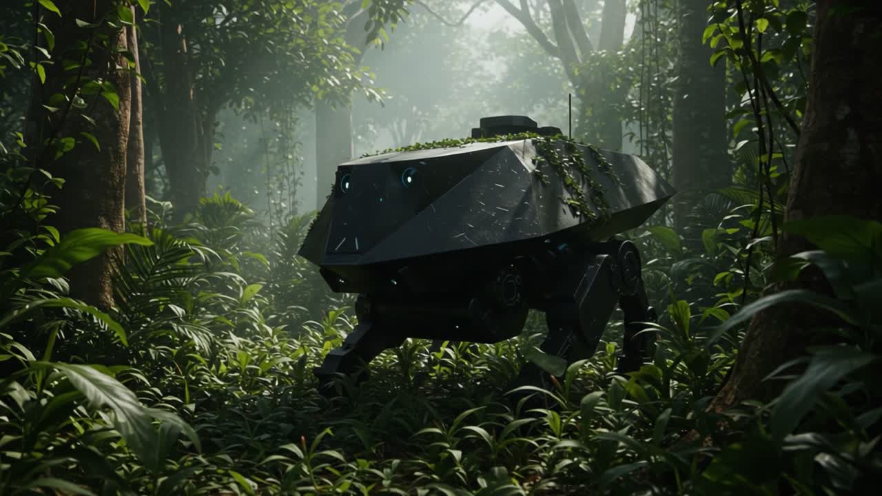 A Futuristic Robotic Creature Navigates Through a Dense Jungle Environment, Surrounded by Lush Greenery and Dappled Sunlight, Highlighting the Intersection of Nature and Technology