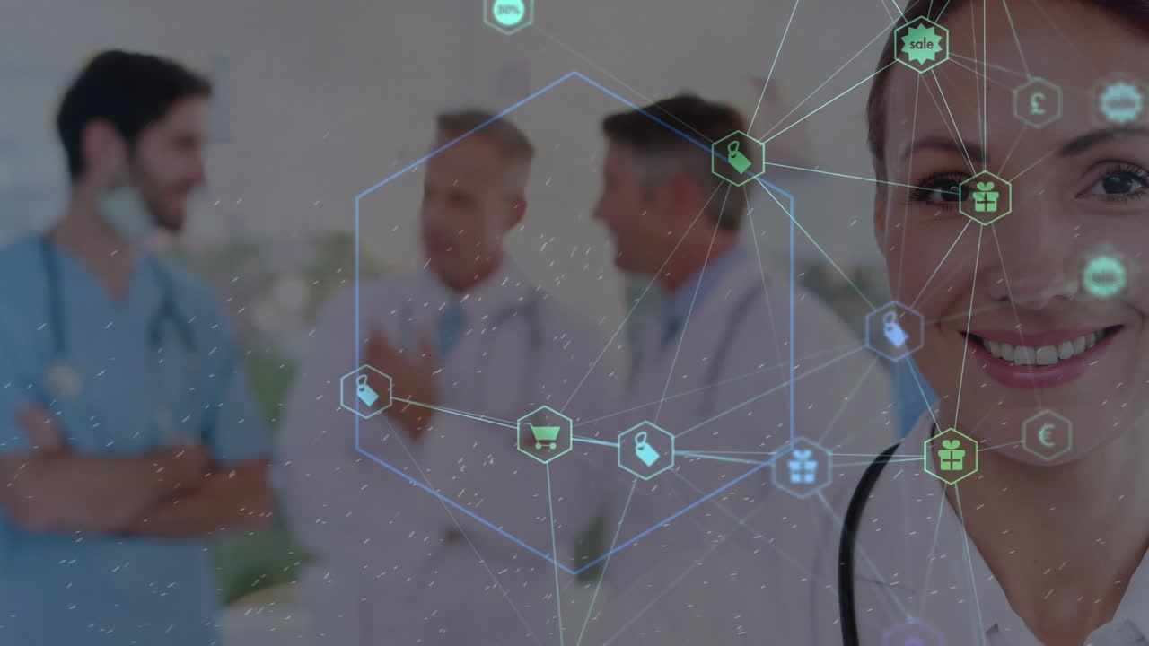 웃는 백인 여성 의사에 대한 연결 네트워크의 애니메이션