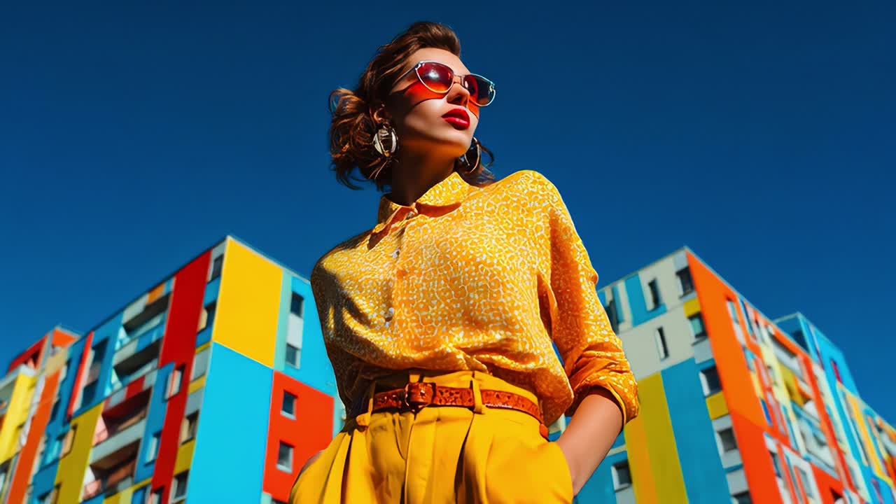 Vibrant Urban Fashion: A Stylish Woman in Yellow and Colors – Showcasing Bold Style Against a Brightly Colored Backdrop with Modern Architecture and a Clear Blue Sky