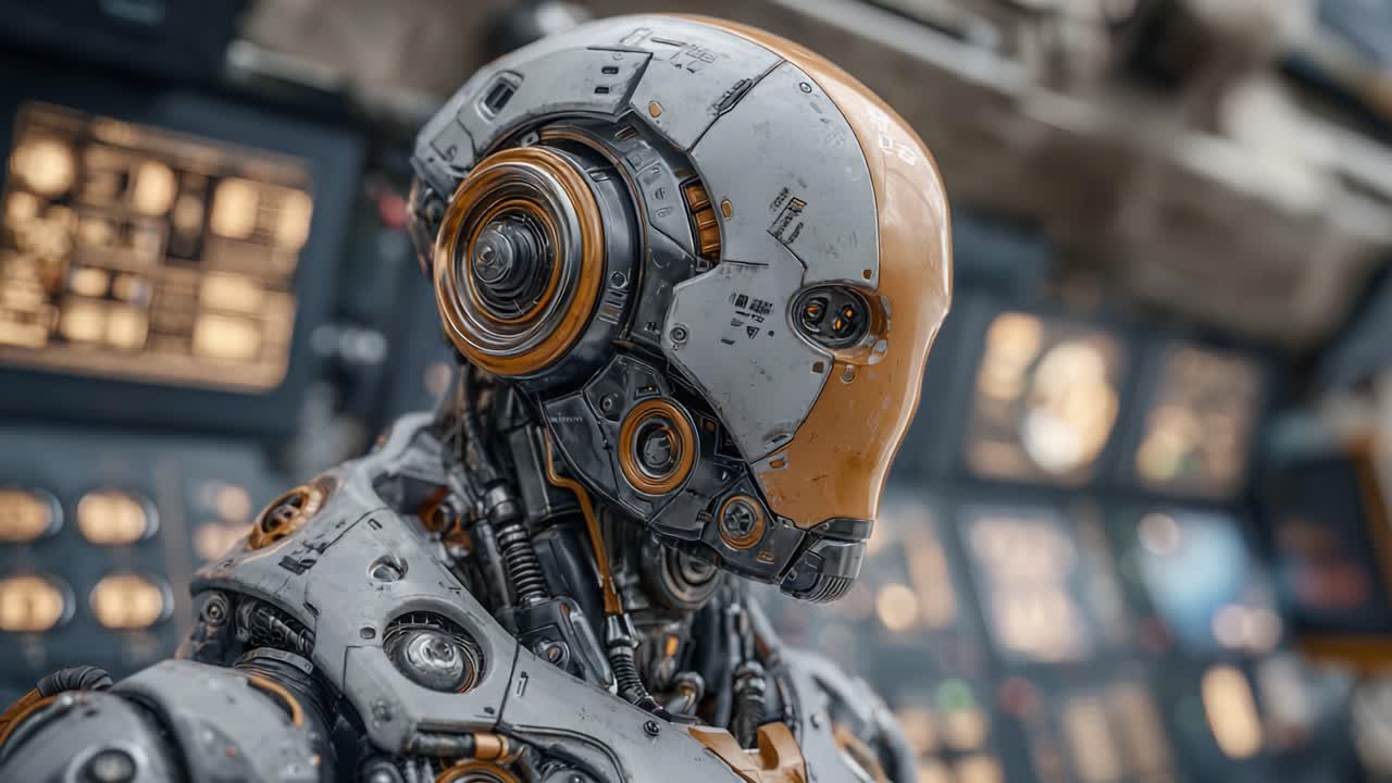 A Detailed Observation of a Humanoid Robot in a Futuristic Control Room, Showcasing Intricate Design and Advanced Mechanical Features